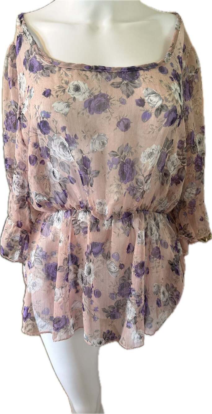 rue21 Woman Sheer‎ Floral Print Blouse w Ruffle Sleeves & elastic waist size l